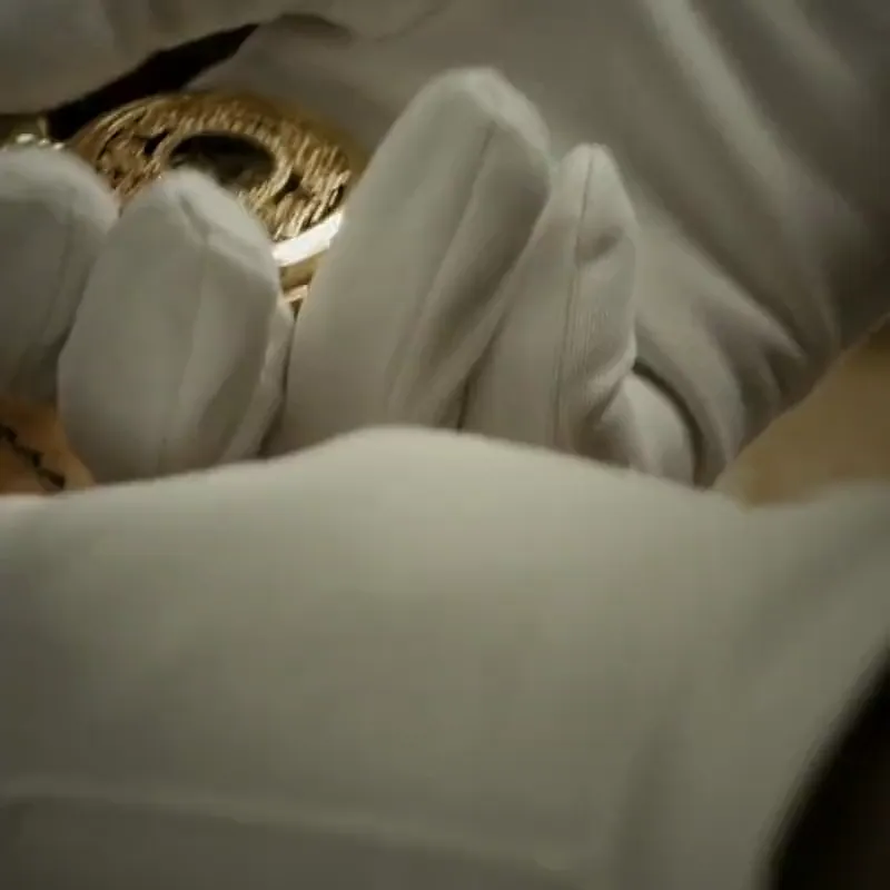 White gloves: the watch on its cushion, the ring in its box.
