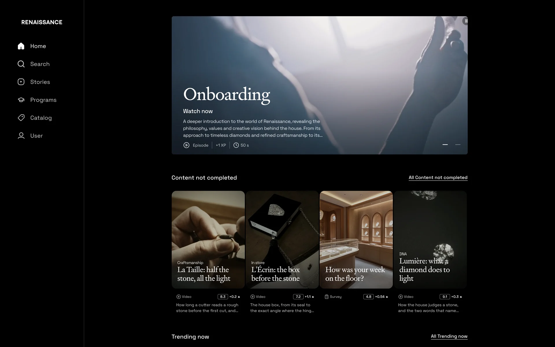The Renaissance home in the browser, sidebar on the left, with the Onboarding episode as a wide hero across the top and a row of episodes the advisor has not finished beneath it.