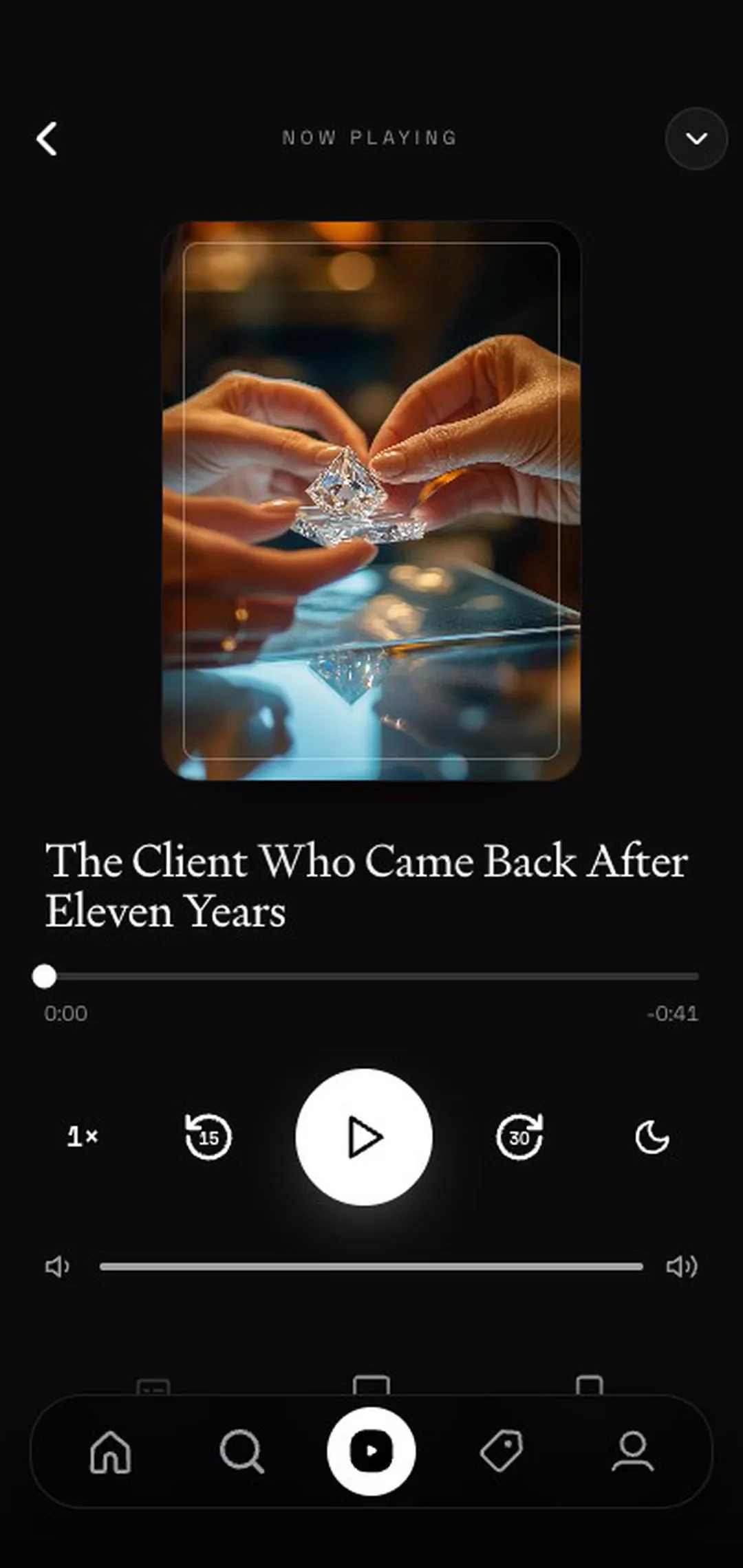 The podcast The Client Who Came Back After Eleven Years plays, then minimises to a bar while the home screen scrolls behind it.