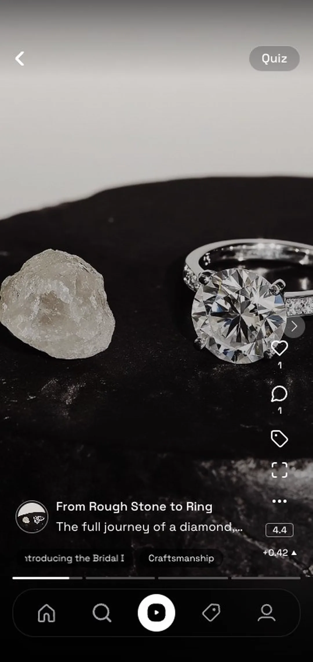 The carousel From Rough Stone to Ring: a rough stone beside a ring, then two text slides swiped in.